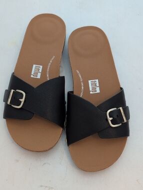 Fitflop Quishion Black Leather slides Size 8 Fit Flop